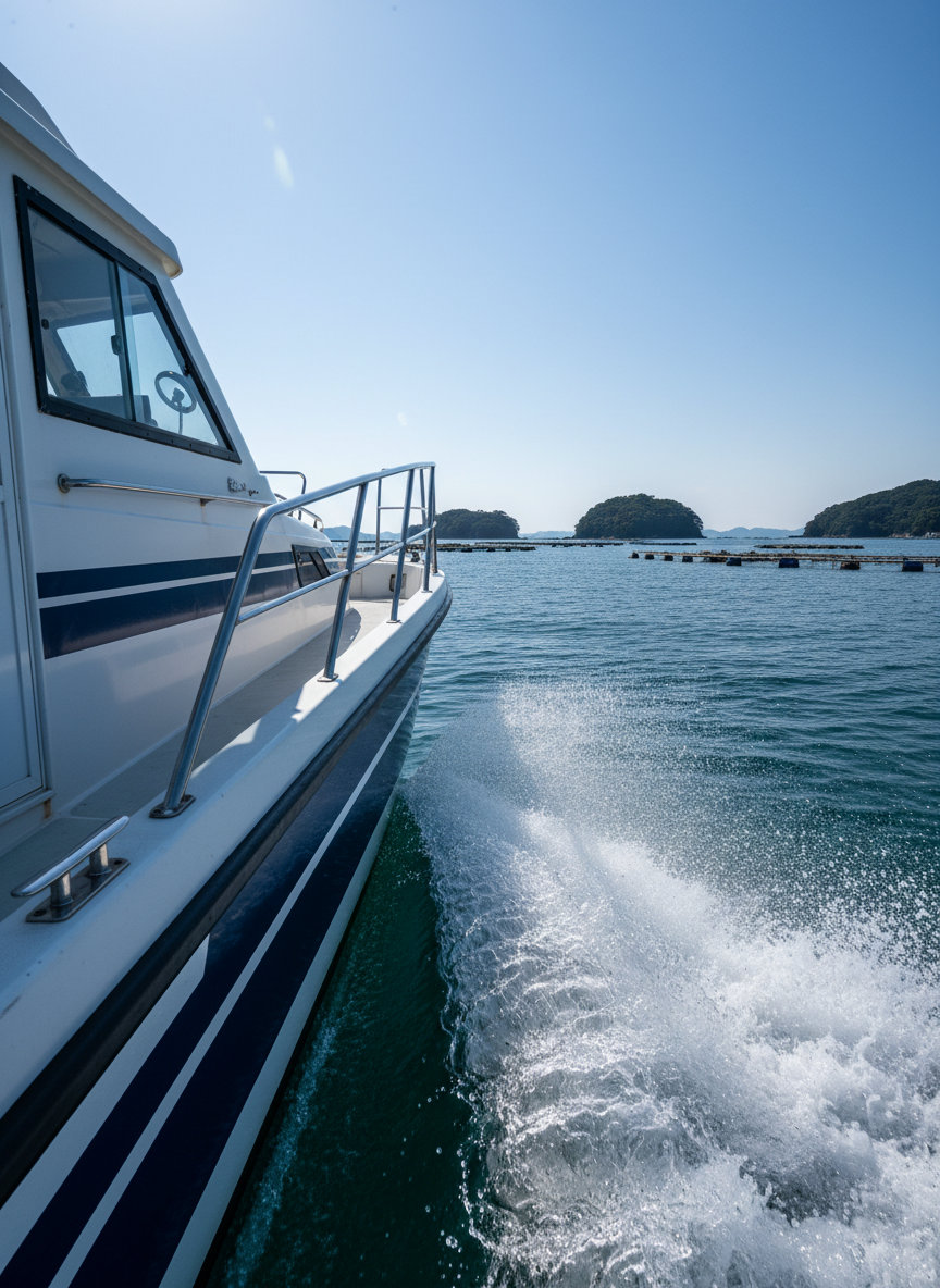 The bow of a sleek, modern white sea taxi cutting through the shimmering waters of Ago Bay, photographed from a low angle at the waterline. The boat’s hull is glossy, with bold navy accents and stainless steel railings catching the bright midday sun. Spray arcs outward in sharp detail, frozen mid-splash against a backdrop of green island silhouettes and scattered oyster rafts. The light is strong and directional, creating high-contrast reflections on the water’s surface and dynamic shadows along the boat’s side. The mood is bold and exhilarating, emphasizing speed and adventure. Shot with photographic realism, the composition places the prow on the left third, guiding the viewer forward into the wide, open bay.